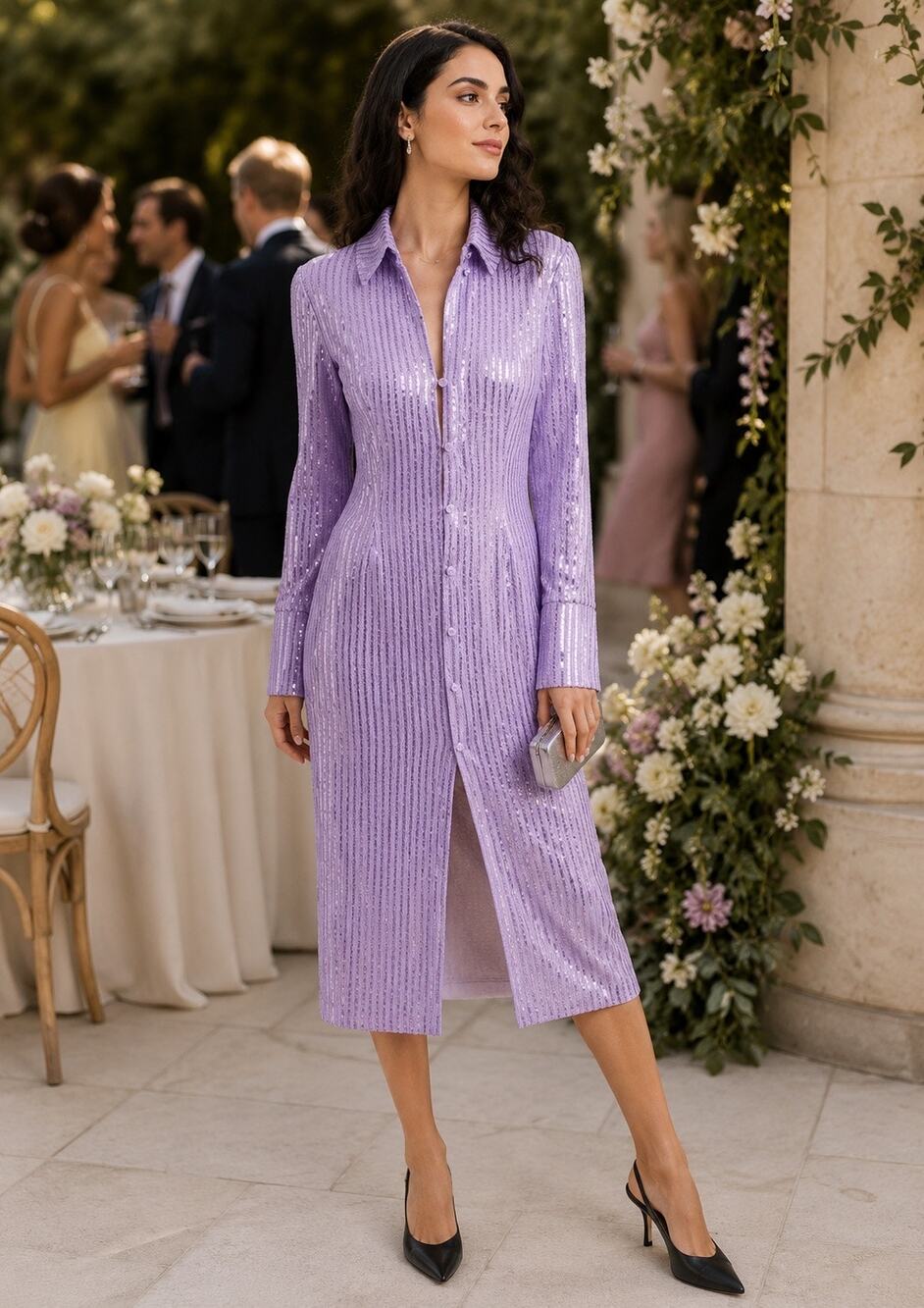 STINE GOYA Sonja sequined jacquard-knit midi shirt dress In Lilac. Size XS NWOT
